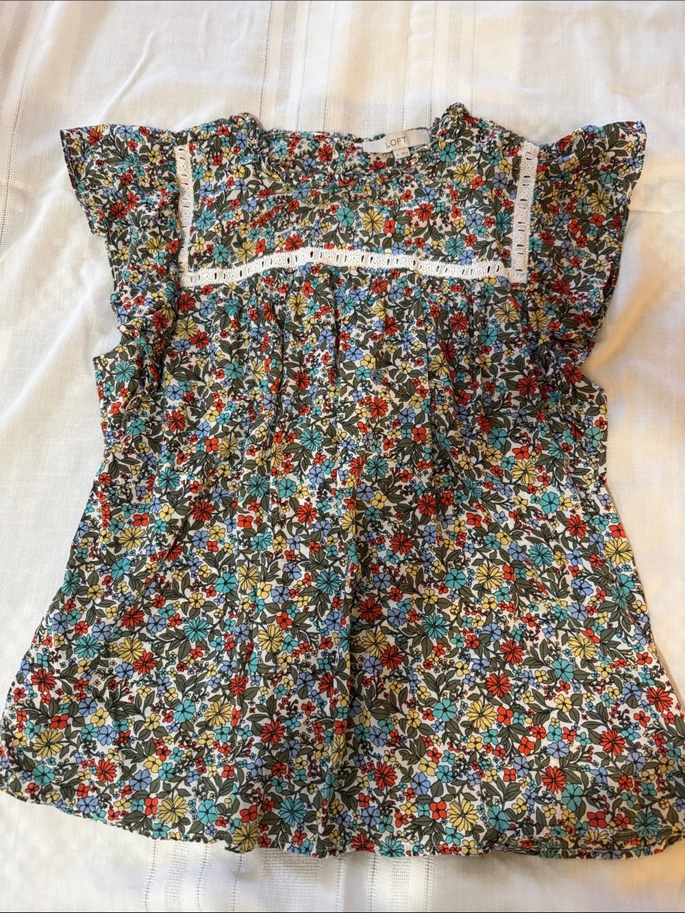 LOFT Floral Lace-Trim Flutter Sleeve Top - Blue, Red, Yellow, Green